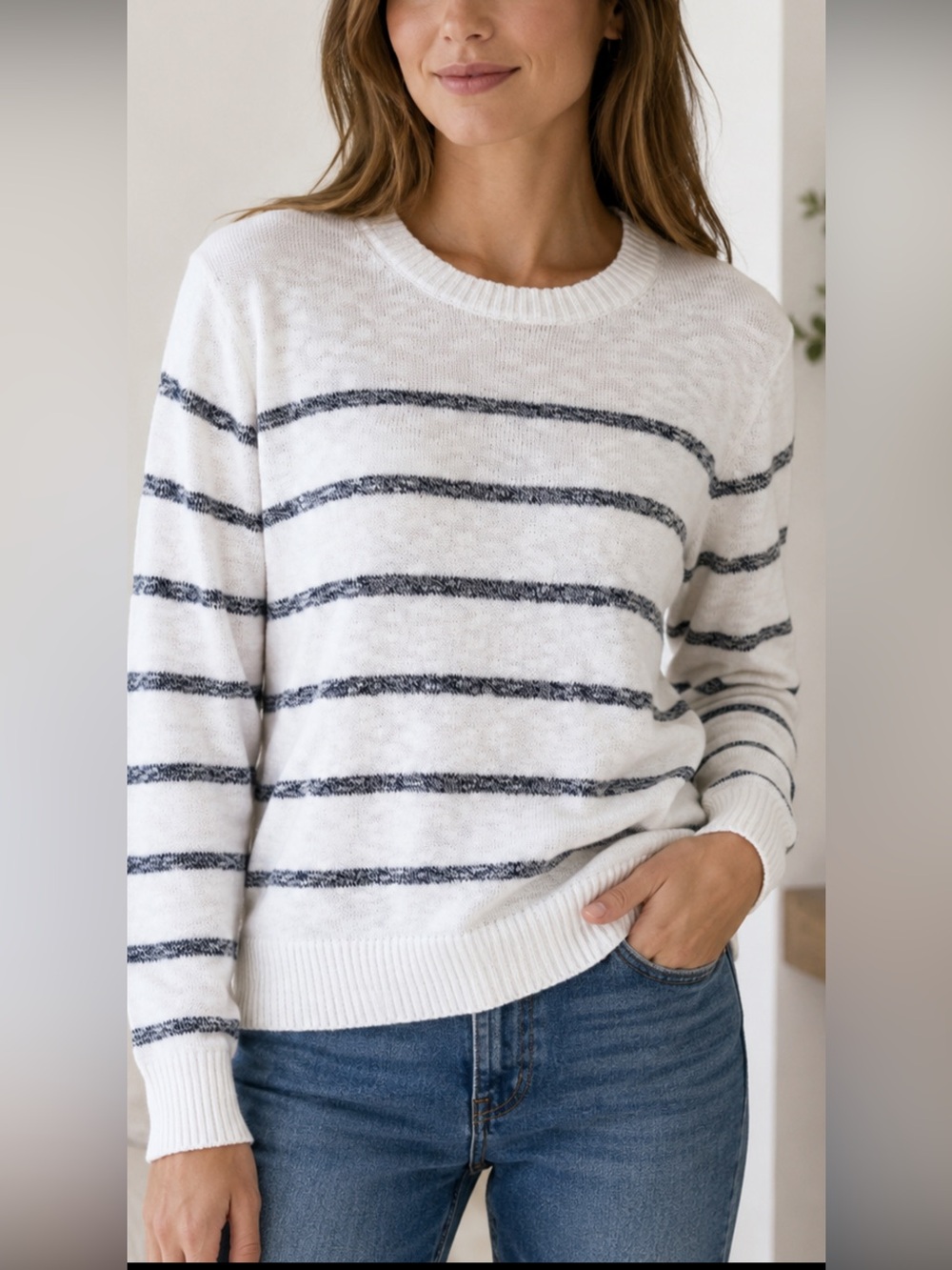 J.Crew Women’s S NWT White Navy Striped Cotton Blend Crewneck Sweater